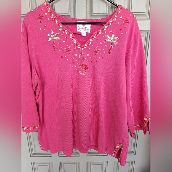 Quacker Factory Pullover Pink Sequins V Neck SzXL 3/4Sleeves 100% Cotton Quality - Picture 10 of 10